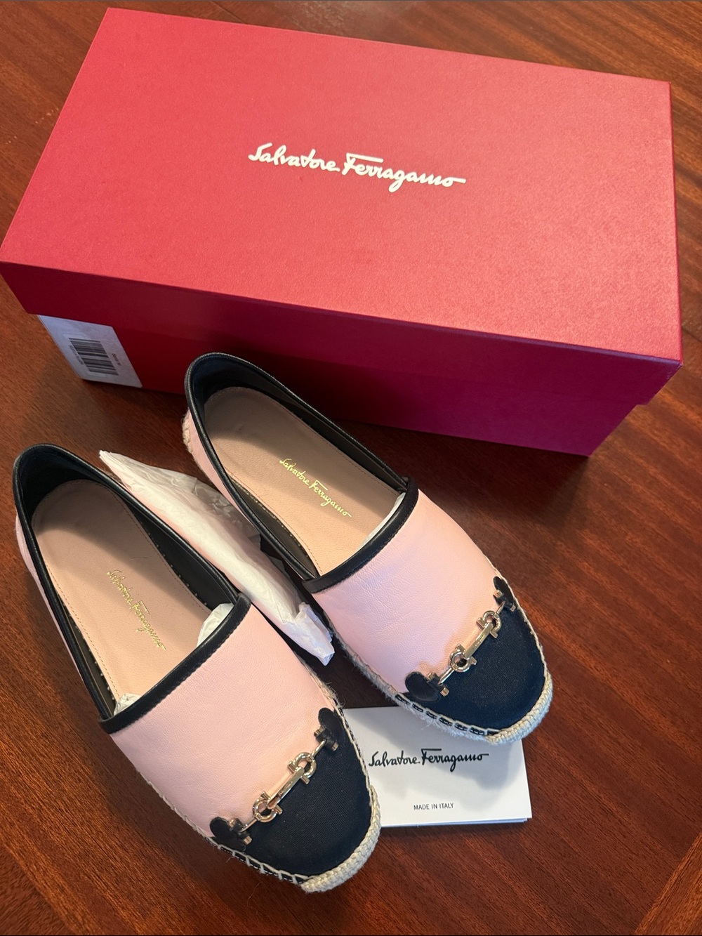 Salvatore Ferragamo Pink and black Leather Espadrilles with Gancini Trim